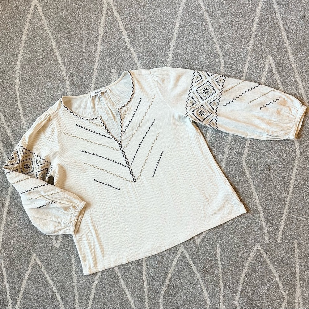 Madewell Off-white Embroidered Cotton Gauze Prairie Top
